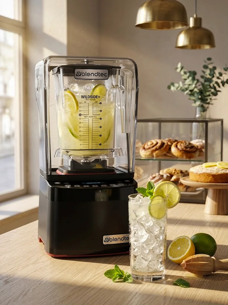 Blender do kruszenia lodu Blendtec — kielich Wildside+ z lodem i mrożonymi owocami